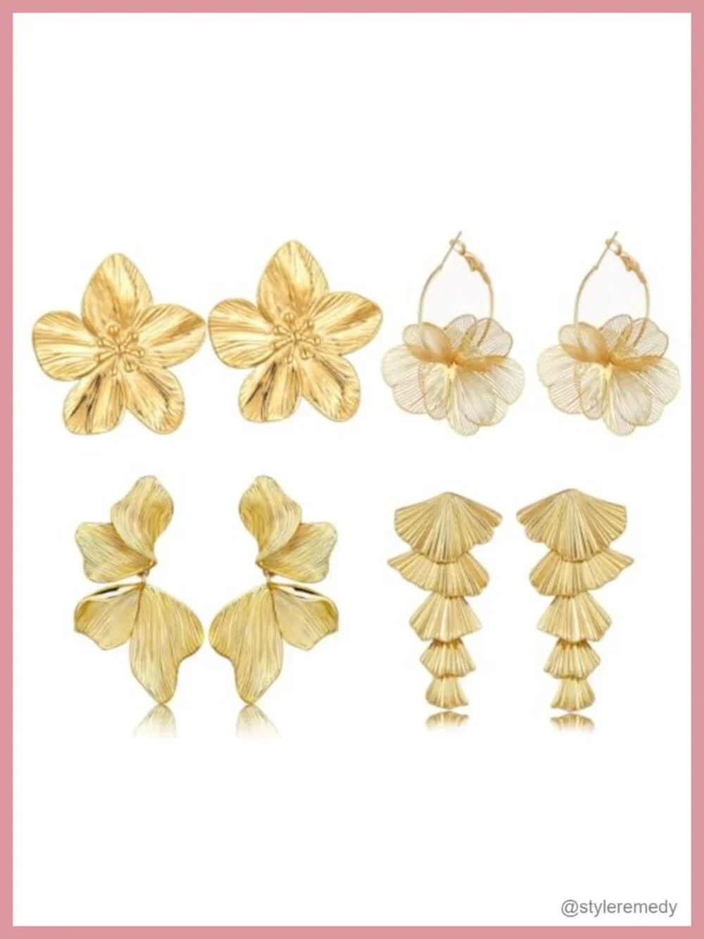 Chunky Gold Plated Flower Leaf Hoop Dangle Earring Set 4 Pair